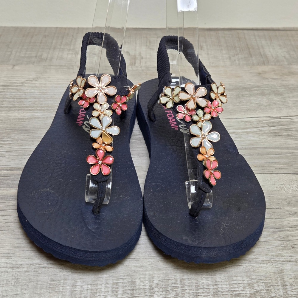 Skechers Yoga Foam Women's 6 Navy Floral Jeweled Slingback Sandals Comfort